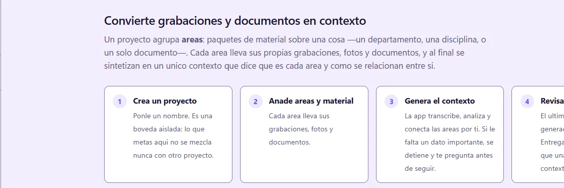 Cropped detail of the app's start screen, in Spanish: a project groups areas of material, with steps to create a project, add areas and generate the context.